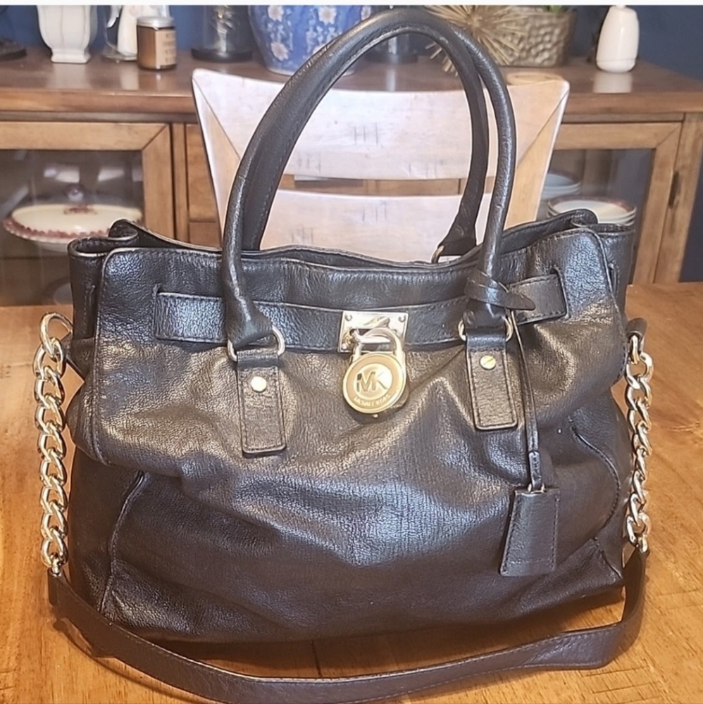 Michael Kors Hamilton Black Leather Shoulder Bag with Gold Accents